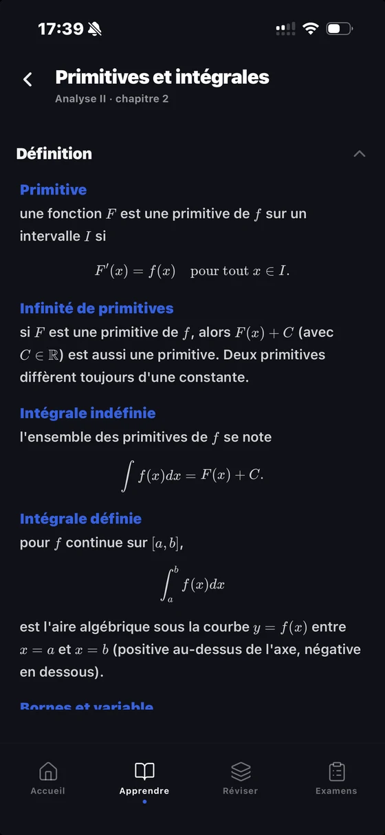 Écran Apprendre de l'app MatuMath : une fiche de théorie de maths du programme romand