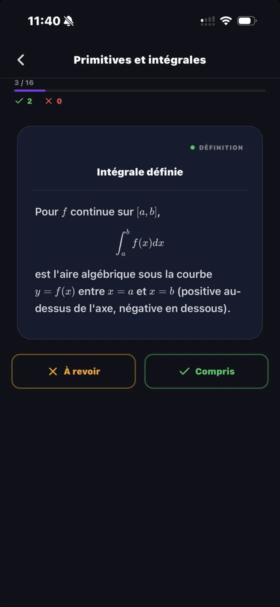 Écran Mémoriser de l'app MatuMath : une flashcard de maths en répétition espacée
