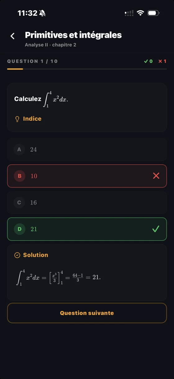 Écran S'entraîner de l'app MatuMath : un QCM de maths de maturité corrigé