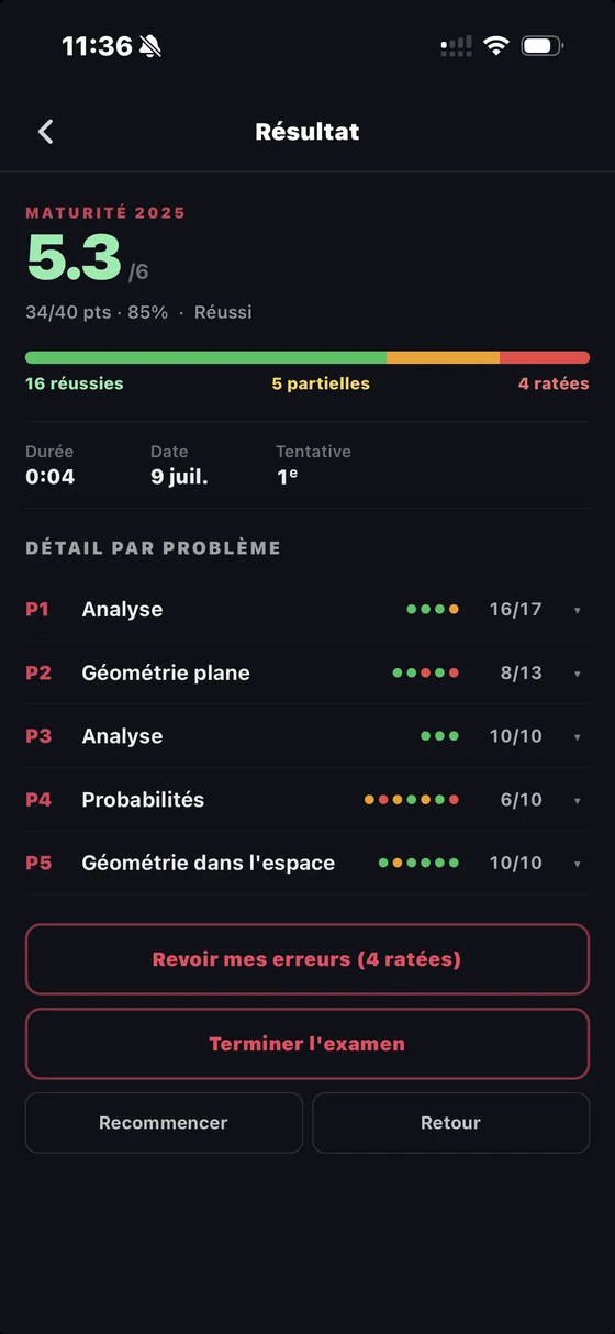 Écran S'évaluer de l'app MatuMath : un examen de maturité de maths en conditions réelles